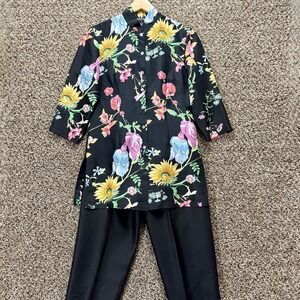 Sonia 100% Silk Floral Tunic & Pants Set S Cottagecore Botanical Chic‎ *Snags